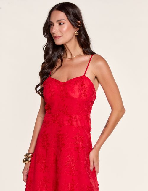 Vestido Midi Detalhes Bordados - Vermelho