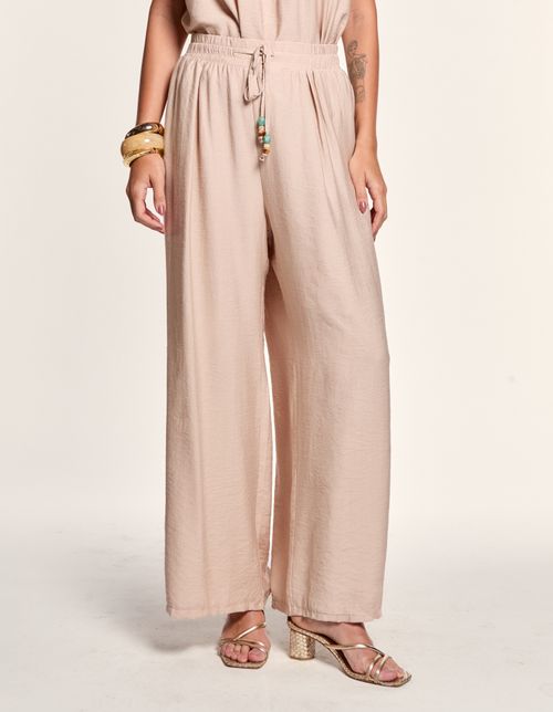 Calça Reta Com Cós Elástico - Bege