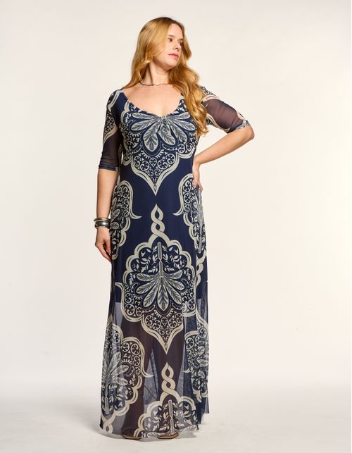 Vestido Longo Estampado Latifa - Azul Marinho
