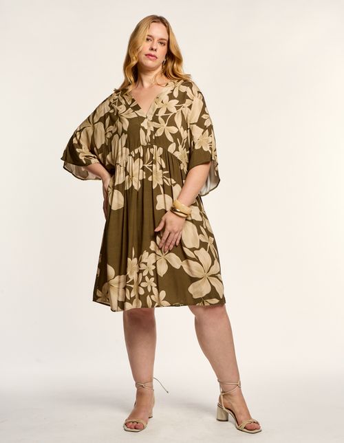 Vestido Curto Estampado Floral Pinceladas - Verde Oliva
