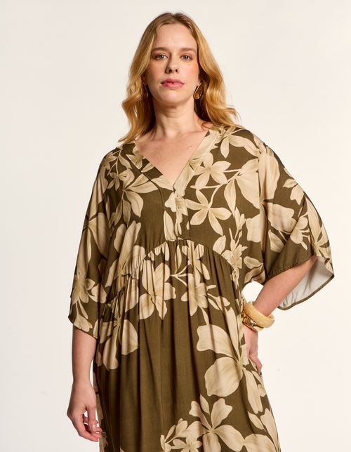 Vestido Curto Estampado Floral Pinceladas - Verde Oliva