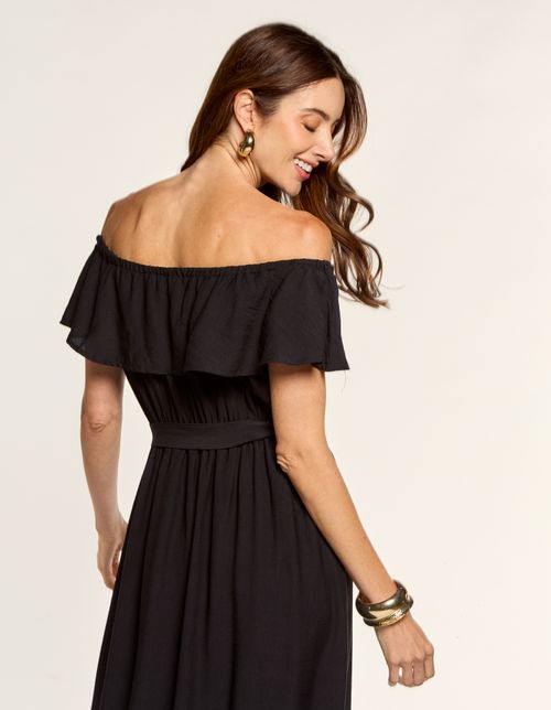 Vestido Longo Decote Babados - Preto