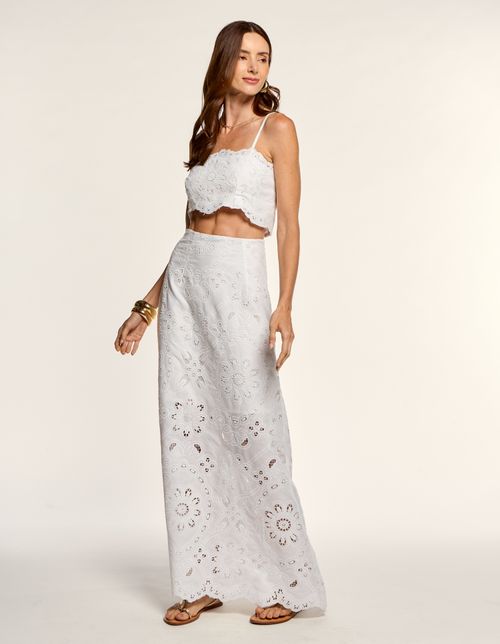 Saia Midi Laise Flores - Branco