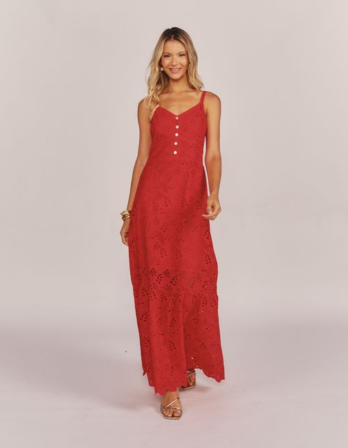 Vestido Longo Renda Botões - Vermelho