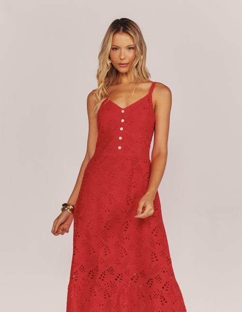Vestido Longo Renda Botões - Vermelho