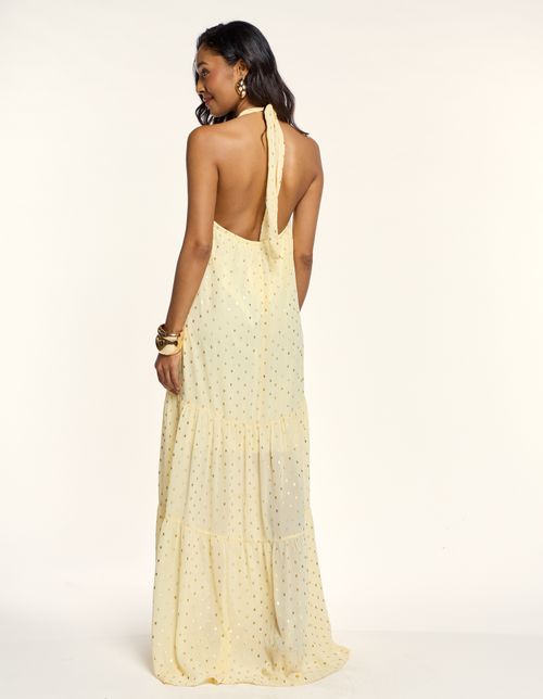 Vestido Longo Frente Única Detalhe Foil - Amarelo