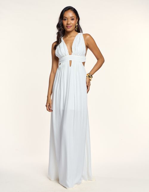 Vestido Longo Frente Única Lurex - Branco / Dourado