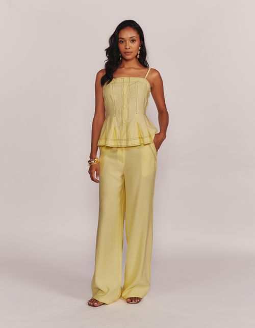 Calça Pantalona Detalhe Pesponto - Amarelo