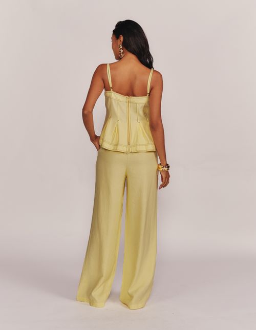 Calça Pantalona Detalhe Pesponto - Amarelo