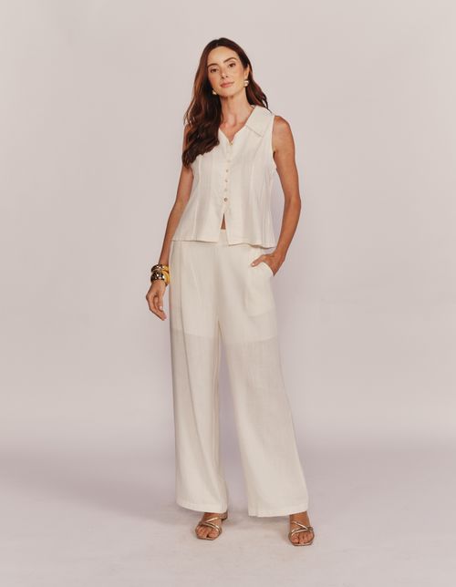 Calça Pantalona Alfaiataria Linho - Branco