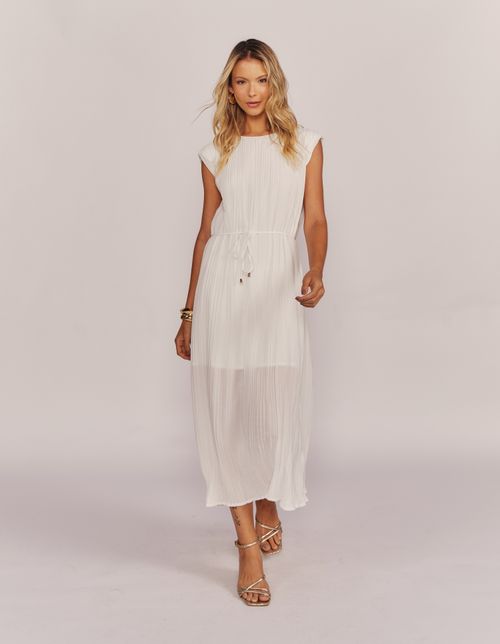 Vestido Midi Plissado Amarração - Branco