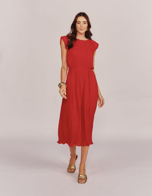 Vestido Midi Plissado Amarração - Vermelho