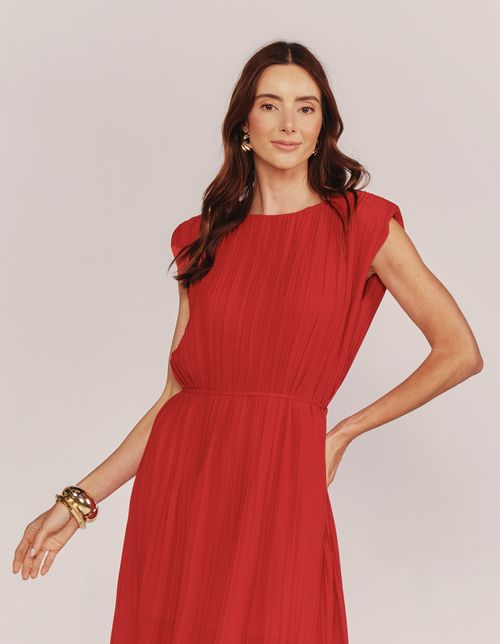 Vestido Midi Plissado Amarração - Vermelho