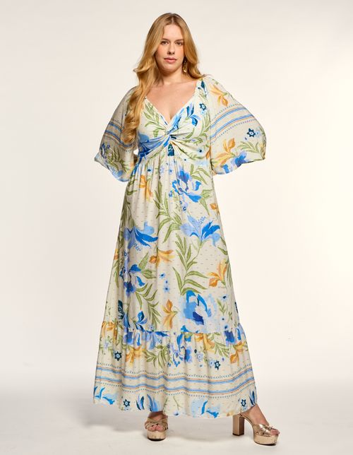 Vestido New Longo Estampado Floral Brisa - Off White