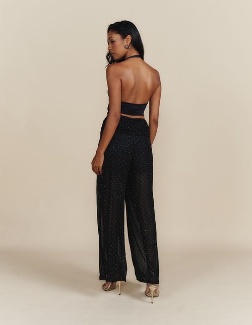 Calça Pantalona Cós Franzido Brilhos - Preto