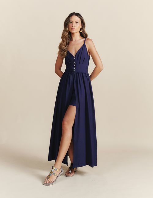 Vestido Longo Detalhe Botões Brilhos - Azul Marinho