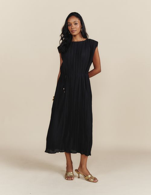 Vestido Midi Plissado Amarração - Preto