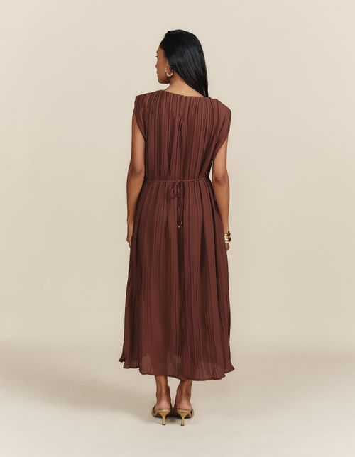 Vestido Midi Plissado Amarração - Marrom