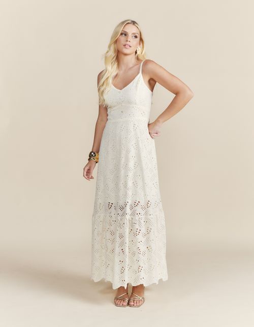 Vestido Longo Renda Botões - Bege