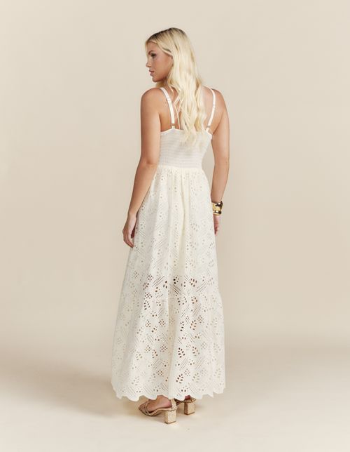 Vestido Longo Renda Botões - Bege