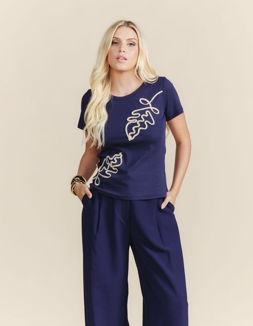 Blusa Bordado Cordonê Folhas - Azul
