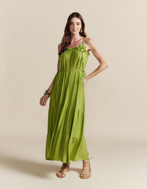 Vestido Midi Decote Reto Alça Trançada - Verde