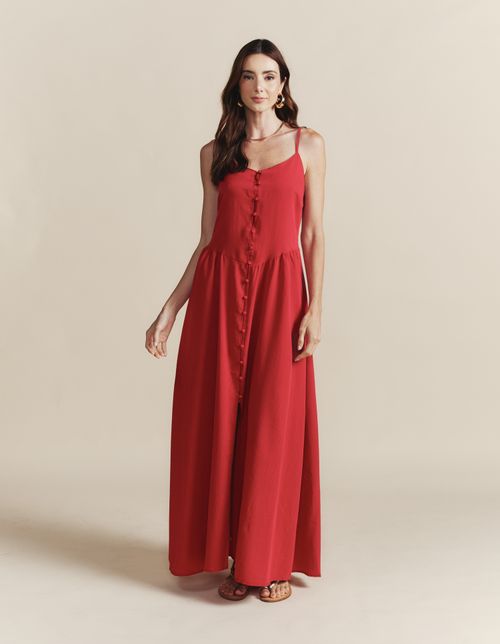 Vestido Longo Alça Fina Frente Botões - Vermelho