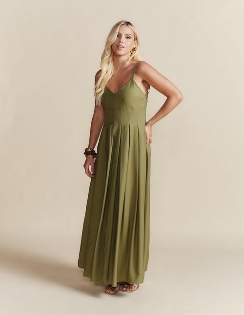 Vestido Longo Alça Larga Frente Pregas - Verde