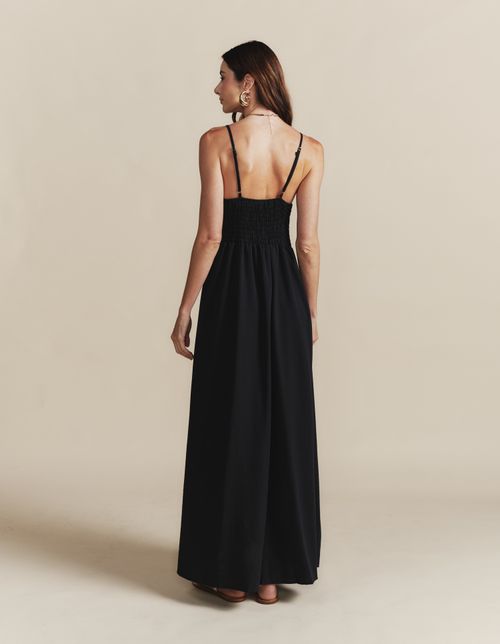 Vestido Longo Alça Fina Frente Botões - Preto
