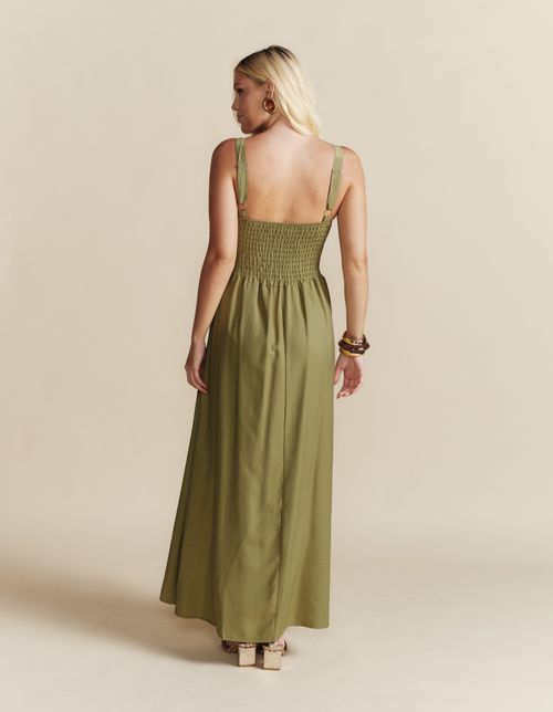 Vestido Longo Alça Larga Frente Pregas - Verde