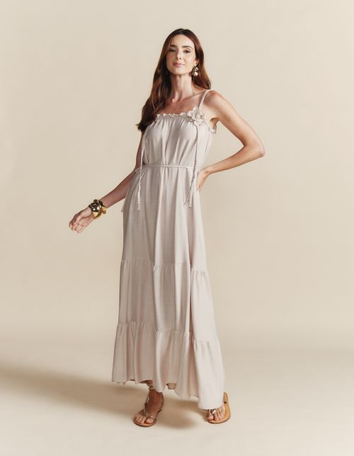 Vestido Midi Decote Reto Alça Trançada - Areia