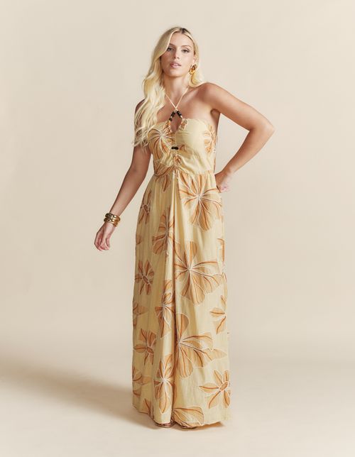 Vestido Longo Flores Busto Franzido - Amarelo