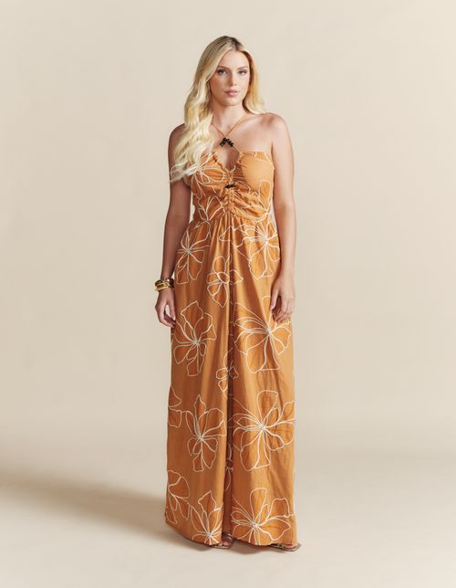 Vestido Longo Flores Busto Franzido - Marrom