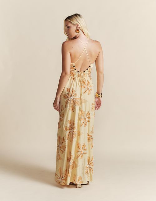 Vestido Longo Flores Busto Franzido - Amarelo