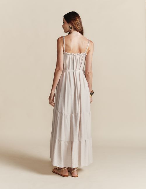 Vestido Midi Decote Reto Alça Trançada - Areia