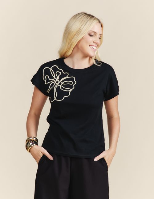 Blusa Manga Curta Flor Metalizada - Preto