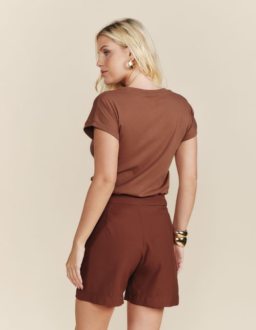 Blusa Manga Curta Flor Metalizada - Marrom