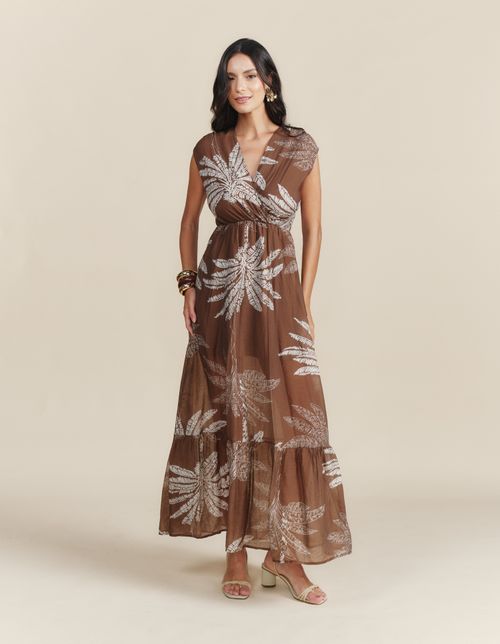 Vestido Longo Estampado Coqueiro - Marrom