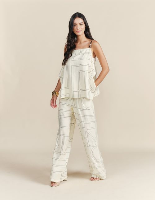 Calça Pantalona Estampada Listras - Off White