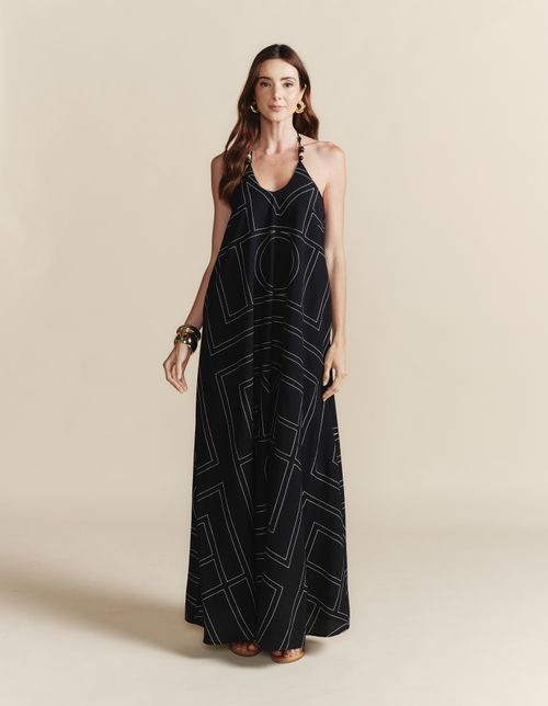 Vestido Longo Resina Estampado Listras - Preto