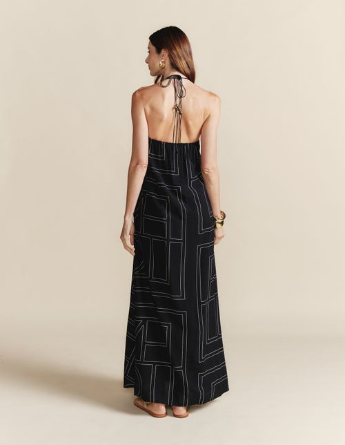 Vestido Longo Resina Estampado Listras - Preto