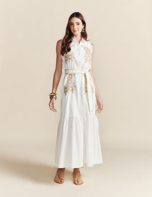 Chemise Botões Bordado Flores - Bege