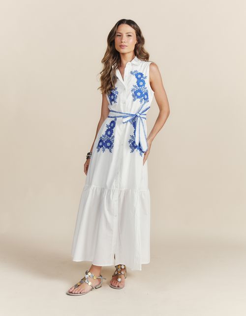 Chemise Botões Bordado Flores - Azul