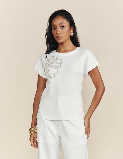 Blusa Manga Curta Flor Metalizada - Branco