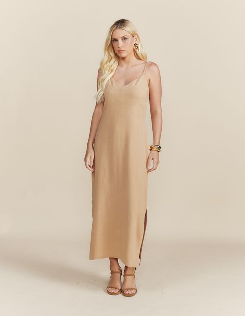 Vestido Midi Alça Fina - Caqui