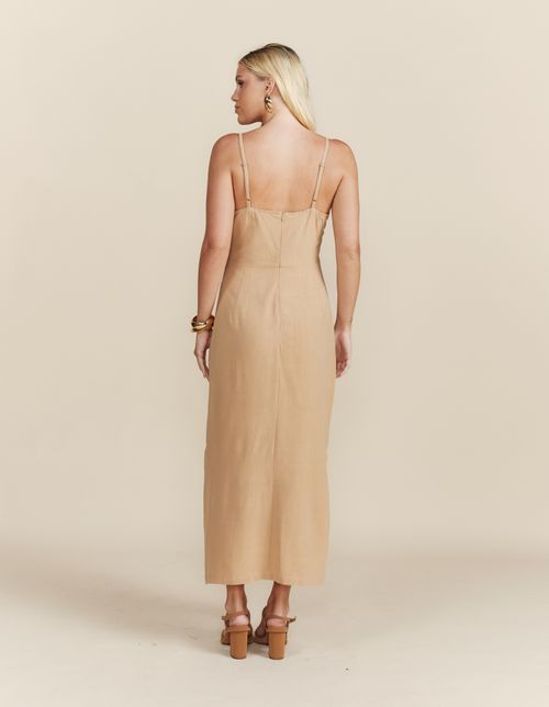 Vestido Midi Alça Fina - Caqui
