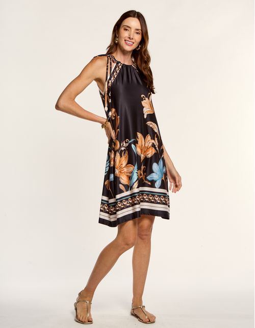 Vestido Curto Estampado Barrado Lírio - Preto