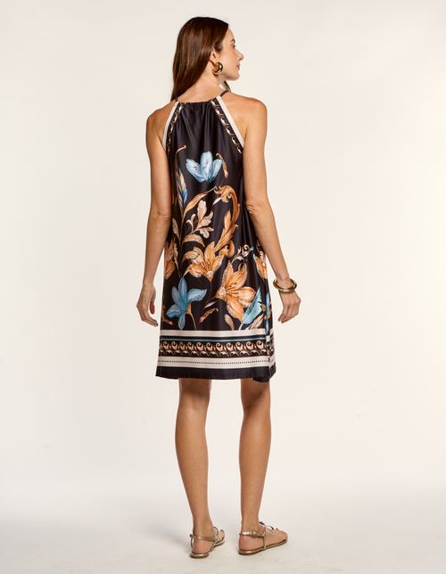 Vestido Curto Estampado Barrado Lírio - Preto
