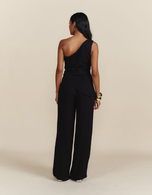 Calça Pantalona Prega Com Bolsos - Preto