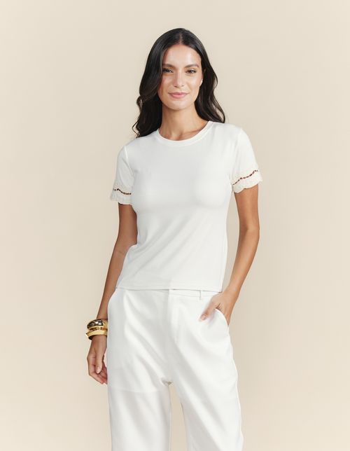 Blusa Manga Curta Detalhe Entremeio - Branco